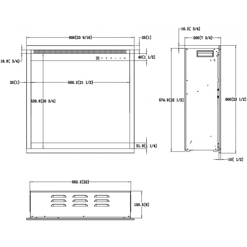 Aflamo Kamineinsatz 3D 60 × 60, Maßgrafik