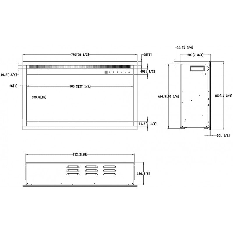 Aflamo Kamineinsatz 3D 75 × 45, Maßgrafik