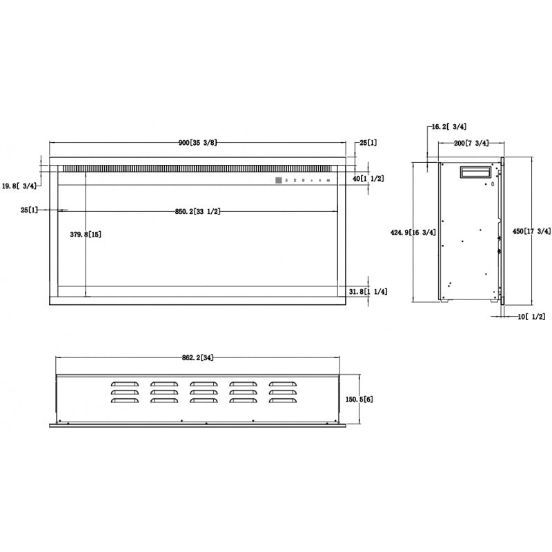 Aflamo Kamineinsatz 3D 90 × 45, Maßgrafik